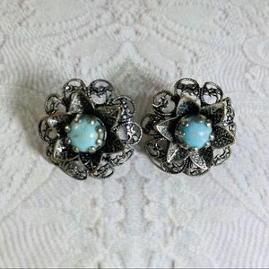 Vintage filigree silver earrings with aqua stone turquoise